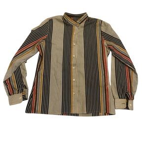 Vintage 70s Striped Blouse - High Neck Button Down - Retro Style Size Medium